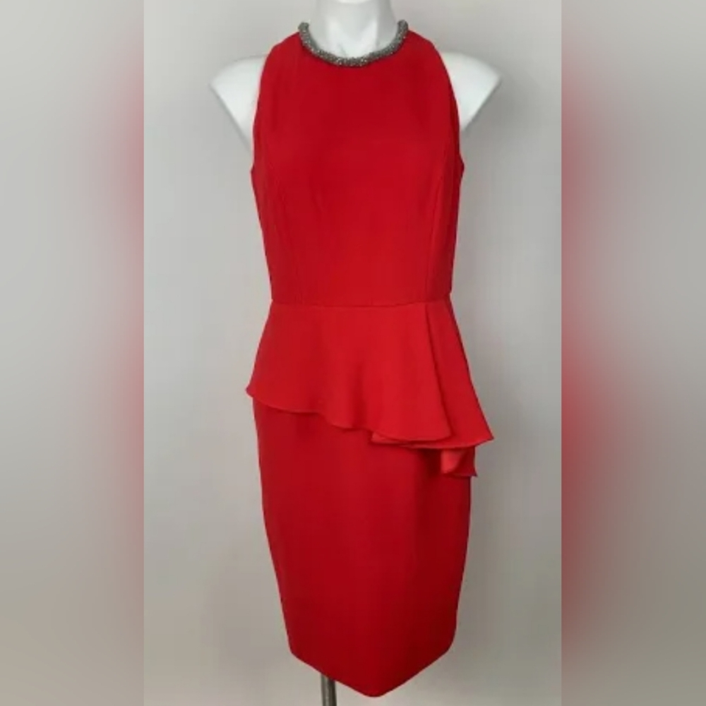 Carmen Marc Valvo Tomato Red Asymmetrical Peplum Dress. Sz. 6 Beaded. Like New.